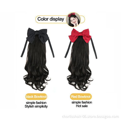 Wholesale Long Ribbon Bow Wrap Curl Bow Bowknot Wave Curly PonyTail Hair Synthetic Clip In Extension For Girl Party 20inch